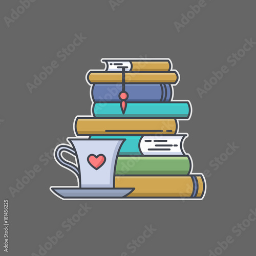 Colored line icon of pile of books and tea or coffee cup with heart symbol. I love reading concept for libraries, book stores and schools. Vector illustration isolated.