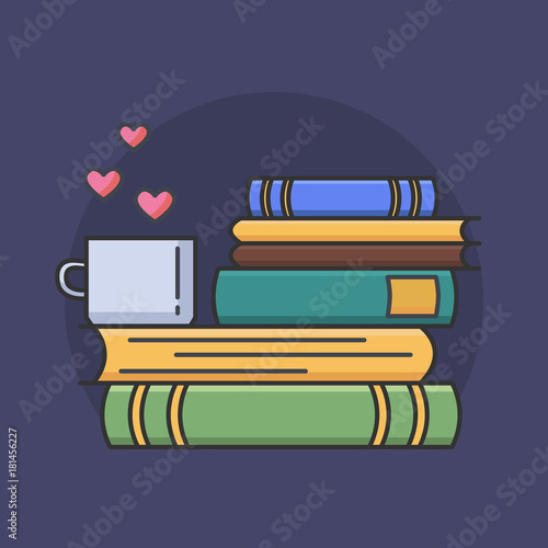 Colored line icon of pile of books and tea or coffee cup with heart symbols. I love reading concept for libraries, book stores and schools. Vector illustration isolated.