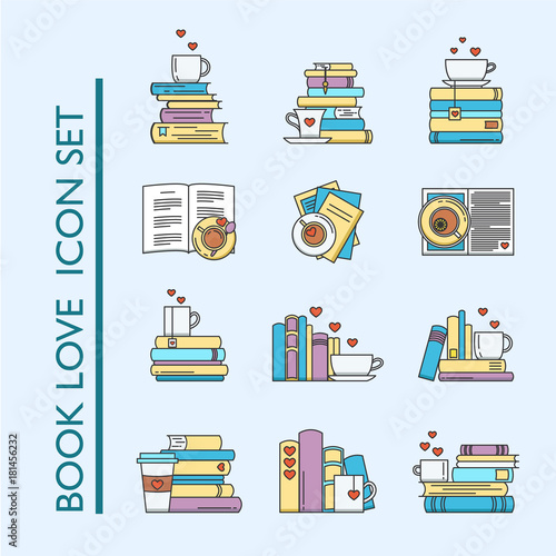 Book love icon set. Book stacks, coffee or tea mugs and paper cups. Heart elements as steam, tea tag or cookie. I love to read concept. Colored vector isolated, linear style.