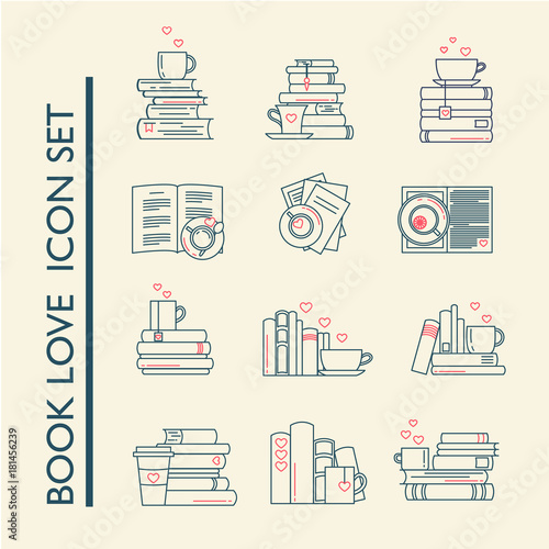 Book love icon set. Book stacks, coffee or tea mugs and paper cups. Heart elements as steam, tea tag or cookie. I love to read concept. Colored vector isolated, linear style.