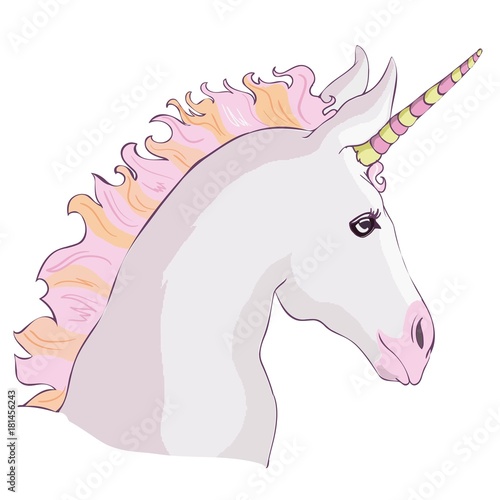 Unicorn vector icon isolated on white. Head portrait horse sticker, patch badge. Cute magic cartoon fantasy cute animal. Rainbow hair. Dream symbol. Design for children photo