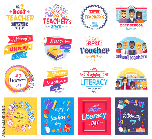 Literacy and Teachers Day Isolated Stickers Set