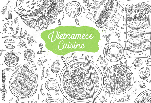 Hand drawn top view traditional Vietnamese food, Vector Illustration