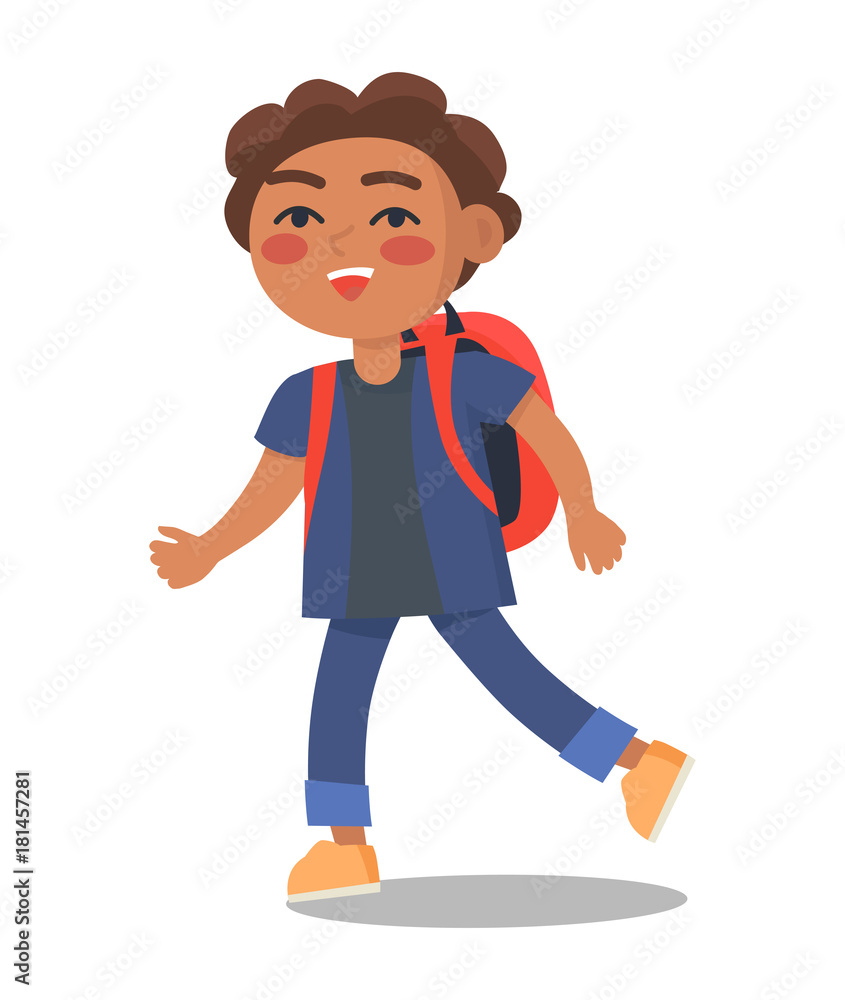 Smiling Kid in Blue Jacket and Jeans with Rucksack Smiling Kid in Blue Jacket and Jeans with Rucksack