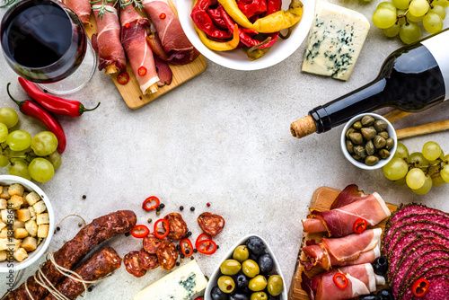 Traditional spanish tapas selection, food border with variety appetizer on table