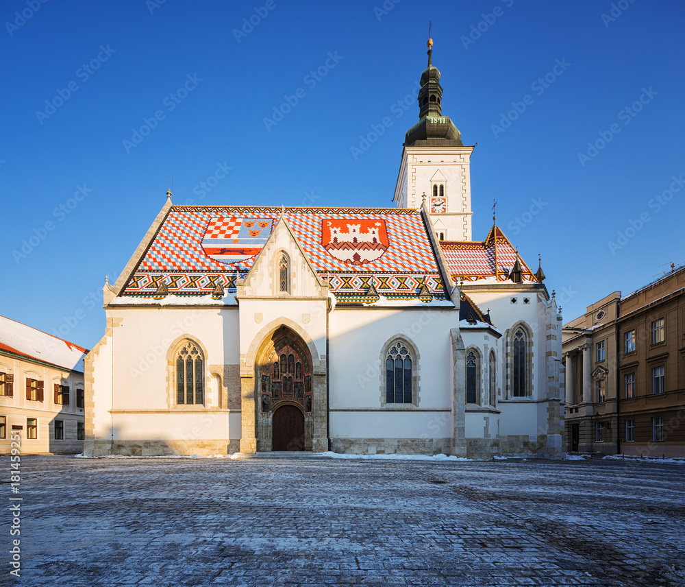 Church of St.Mark in St.Mark's square in upper town in Zagreb called Gornij Grad - historical part of Zagreb with middle age houses and churches.