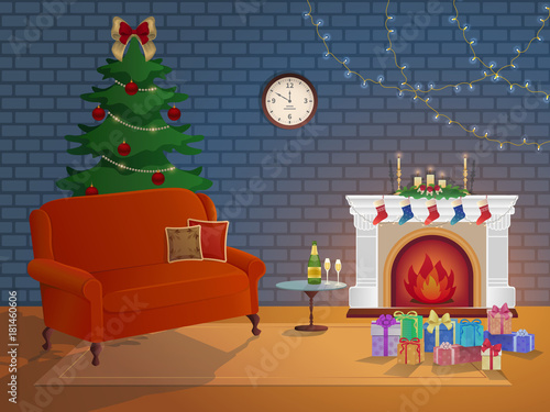 Merry Christmas room interior on a brick background with a fireplace, Christmas tree, couch, gift boxes, wall clock. Candles socks and decorations. Waiting for the New Year and Christmas card. Vector