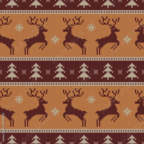 Knitted seamless pattern with deers. Vector.