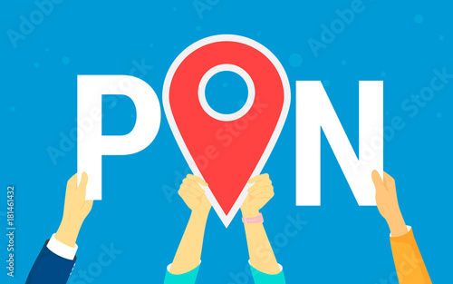 Location pin concept vector illustration of happy young people using maps and marketing tags to find shopping mall, events and each other. Flat human hands hold red pin and letters on blue background