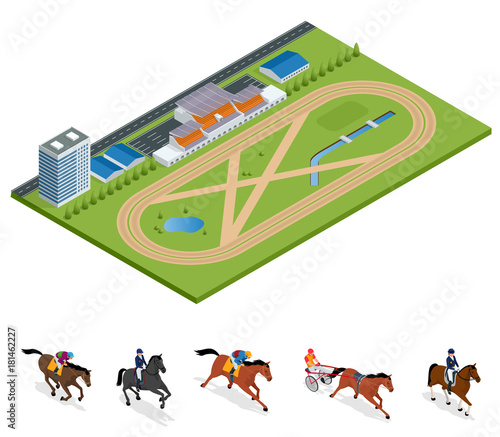 Isometric Exterior Racecourse and set Jockey on horse, Champion, Horse riding for Sport background. Stallion race track. Vector Illustration. Equestrian sport