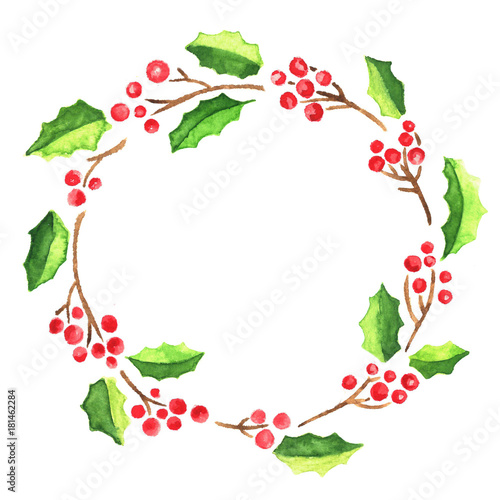 Watercolor Christmas wreath of holly with red berries