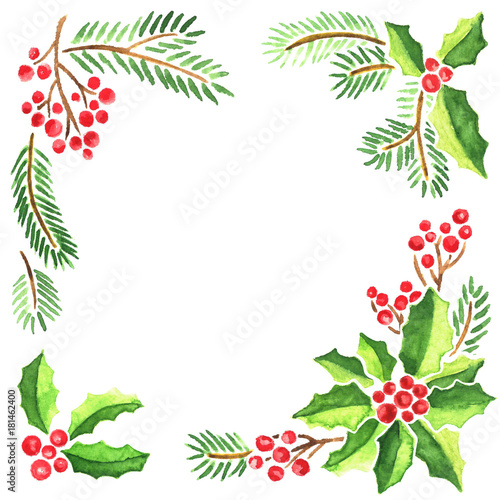 Watercolor frame of Christmas evergeen plants. Decorative composition of mistletoe, fir tree branches and holly with red berries