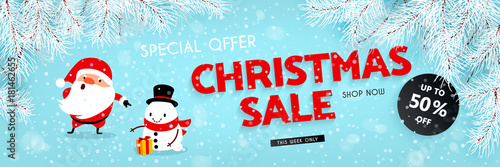 Christmas sale, discounts. Festive advertising banner with fun New Year characters and symbols. Santa Claus, Snowman, Snow, Branches of the Christmas tree, Gift. Vector