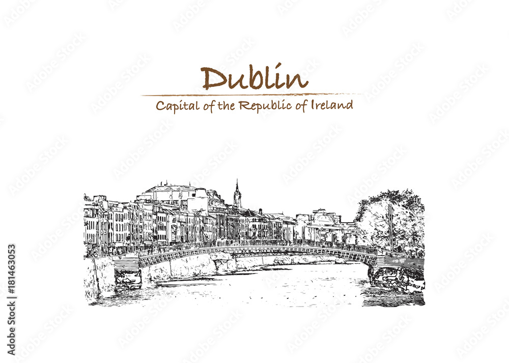 Fototapeta premium Hand drawn sketch of View of Mellows Bridge in Dublin - Ireland in vector illustration.