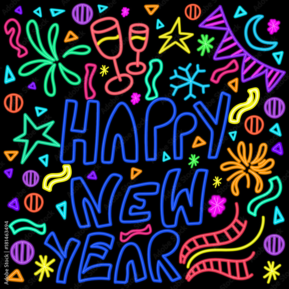 Glowing neon lights doodle pattern for New Year celebrations.