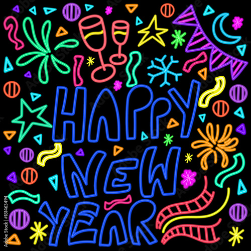 Glowing neon lights doodle pattern for New Year celebrations.