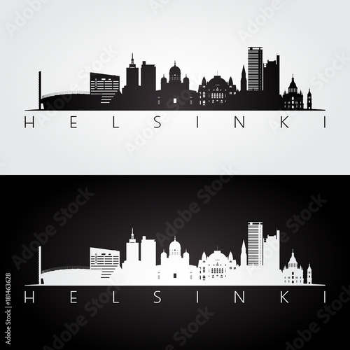 Helsinki skyline and landmarks silhouette, black and white design, vector illustration.