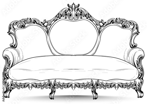 Baroque sofa with luxurious ornaments. Vector French Luxury rich intricate structure. Victorian Royal Style decors