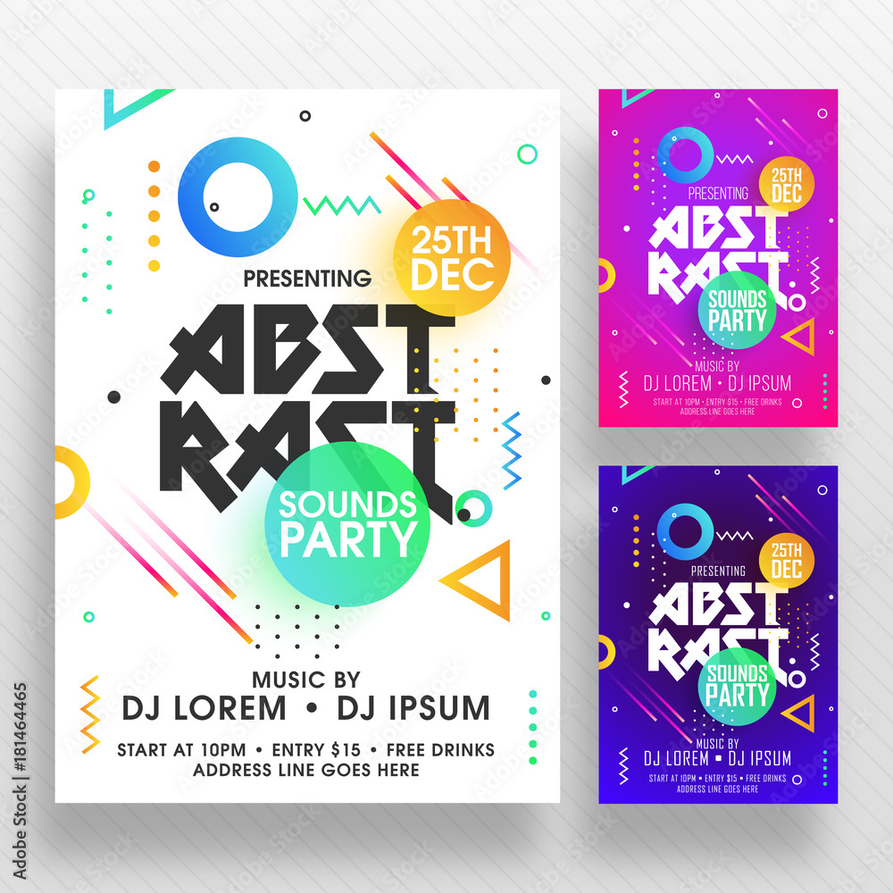 Plakat Party Banner or Flyer with three color concepts.