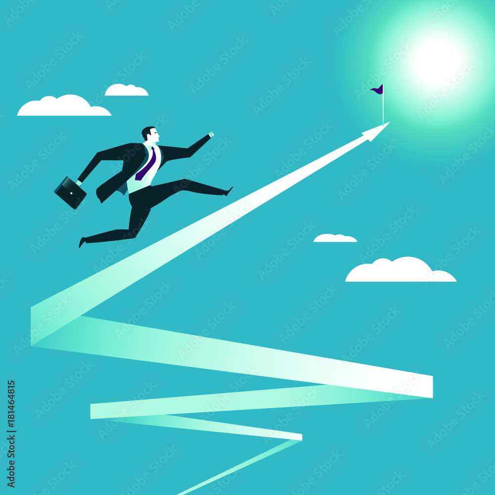 Businessman running up to the goal. Vector illustration
