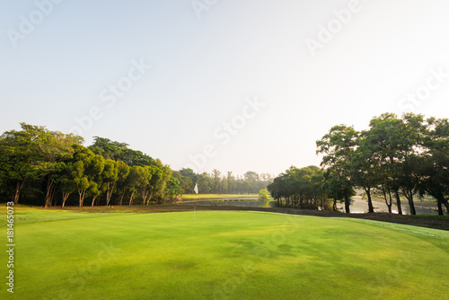 Scenery green golf and meadow in morning, Beautiful grass field landscape and outdoor