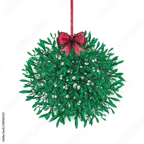 Ink and watercolor Christmas season's greetings illustration of mistletoe kissing ball. New Year Eve xmas decoration. Mistletoe hanging, traditional winter plant bouquet. Holiday rustic background.
