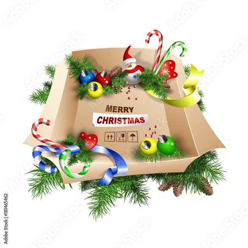 Large box of decorations. Merry Christmas.
