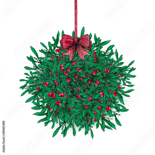 Ink and watercolor Christmas season's greetings illustration of plants and red mistletoe holly berries hanging, traditional winter bouquet. New Year Eve xmas decoration. Holiday rustic background.
