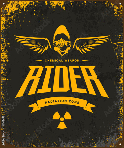 Vintage toxic rider in gas mask vector logo isolated on dark background.
Premium quality radiation zone logotype t-shirt emblem illustration. Street wear superior warrior retro tee print design.