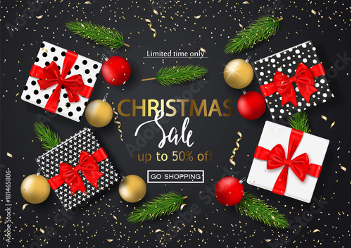 Christmas sale poster with gift boxes, serpentine, balls and tree branches. Vector illustration for website and banners, posters, ads, coupons, promotional material.