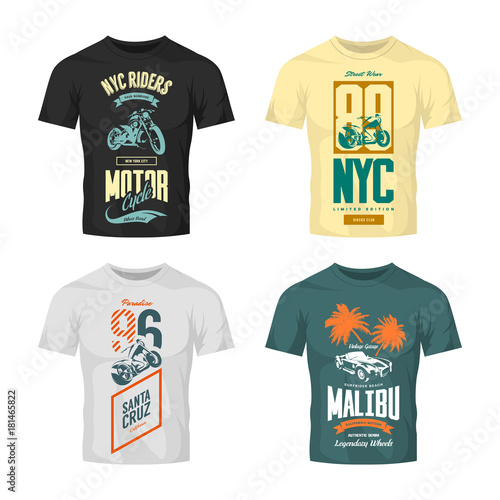 Vintage New York bikers club vector logo t-shirt mock up set.
Premium quality Santa Cruz motorcycle logotype tee-shirt emblem illustration. Malibu roadster car street wear retro tee print design.