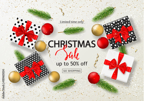 Christmas sale poster with gift boxes, serpentine, balls and tree branches. Vector illustration for website and banners, posters, ads, coupons, promotional material.
