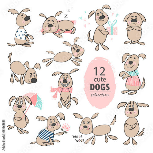 Set of funny cute cartoon dogs. Hand drawing isolated objects on white background. Vector illustration.