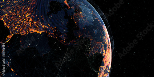 Global International Connectivity Background/Connection lines Around Earth Globe, Futuristic Technology Theme Background with Light Effect photo