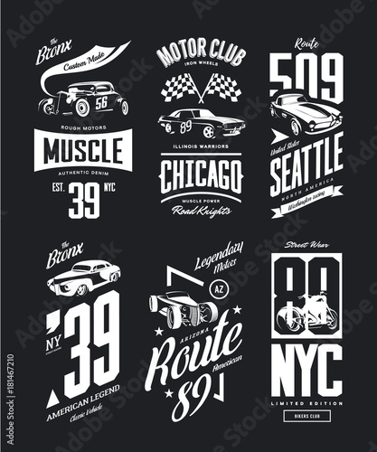 Vintage muscle car, roadster vector t-shirt logo isolated set.
Premium quality motorcycle bikers club logotype tee-shirt emblem illustration. Bronx hot rod vehicle street wear retro tee print design.