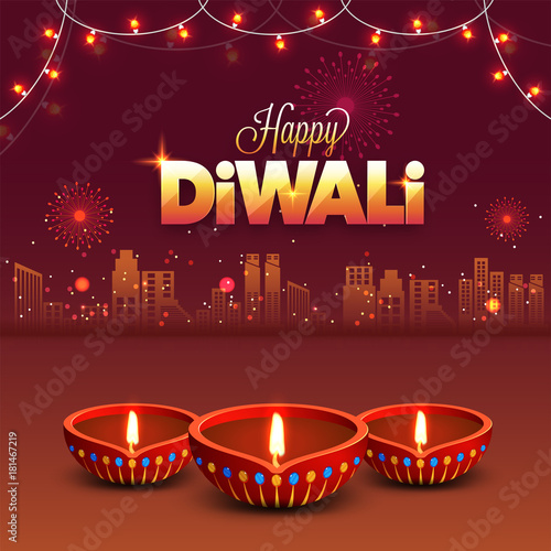 Diwali (Indian festival of lights) night background with illuminated litlamps, and decorating lights, Urban city background.