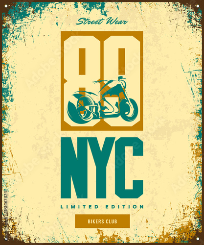 Vintage bikers club vector t-shirt logo isolated on light background.
Premium quality motorcycle logotype tee-shirt emblem illustration. New York City street wear number old retro tee print design.