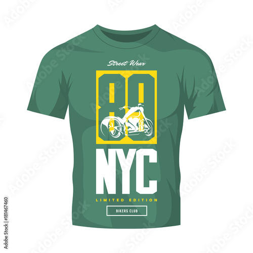 Vintage bikers club vector t-shirt logo isolated on green t-shirt mock up.
Premium quality motorcycle logotype tee-shirt emblem illustration. New York City street wear number retro tee print design.