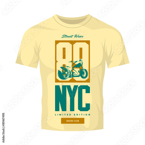 Vintage bikers club vector t-shirt logo isolated on light t-shirt mock up.
Premium quality motorcycle logotype tee-shirt emblem illustration. New York City street wear number retro tee print design.