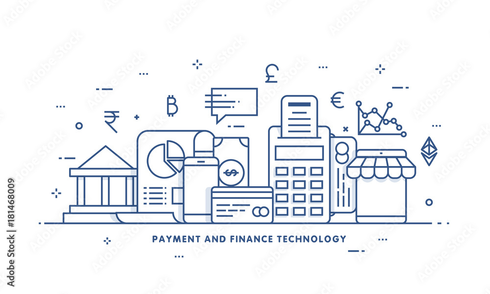 Internet money, payment security concept. Fintech (financial technology) background. Flat illustration style.