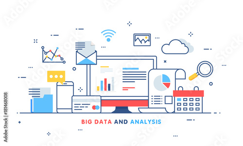 Big data, machine alogorithms, analytics concept saftey and security concept. Fin-tech (financial technology) background. Colorful flat illustration style.
