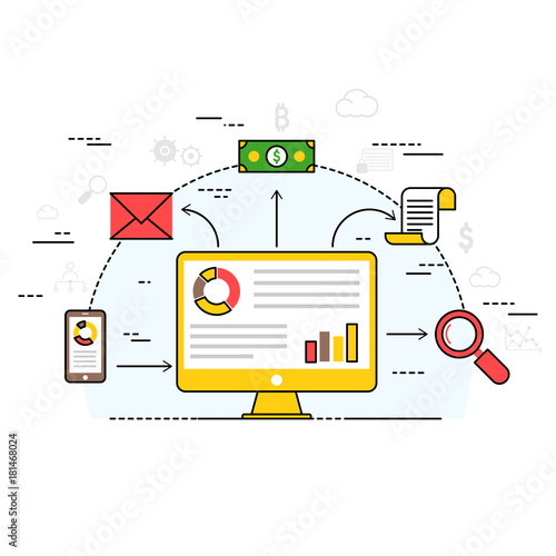 Fin-tech (financial technology) mechanism background. Colorful flat style illustration.