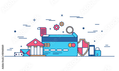 Internet money, secure payment transaction, payment mechanism. Fintech (financial technology) background. Colorful flat style illustration.