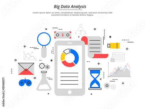 Big data, machine alogorithms, analytics concept saftey and security concept. Fin-tech (financial technology) background. Colorful flat illustration style.