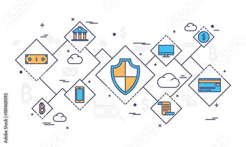 Internet money, secure payment transaction, payment mechanism. Fintech (financial technology) background. Colorful flat style illustration.