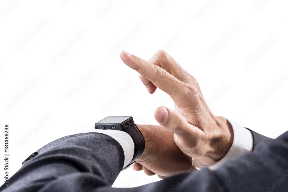Closeup hands of man using his smartwatch. Closeup hands of man using his smartwatch.