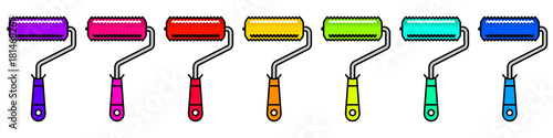 Set of colorful paint rollers Linear illustration of multicolored roller brushes Isolated on white background