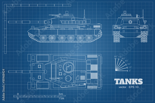 Blueprint of realistic tank. Top, front and side view. Detailed armored car. Industrial drawing. War vehicle in outline style