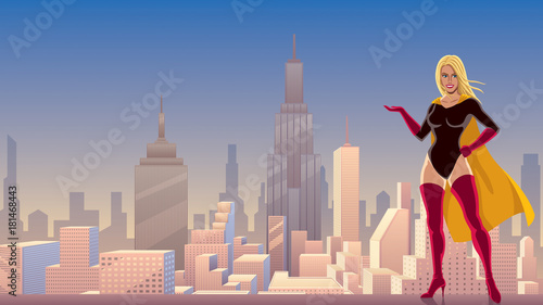 Superheroine Presenting in City / Illustration of smiling superheroine presenting your text or product with cityscape as background. 