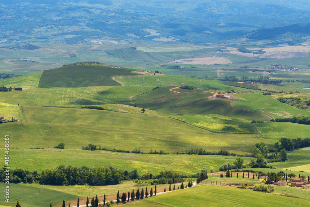 Magnificent spring landscape.Beautiful view of typical tuscan farm house, green wave hills, cypresses trees, hay bales, olive trees, beautiful golden fields and meadows.Tuscany, Italy, Europe